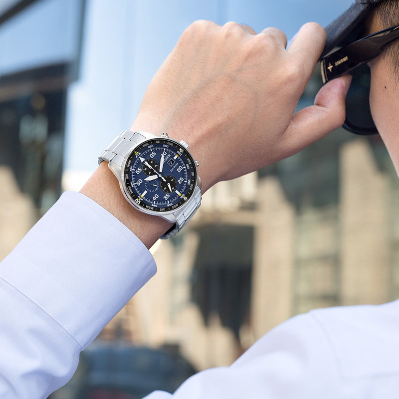 Citizen Official Flagship Store Eco-Drive Three-Eye Chronograph Leather Strap Business Casual Men's Watch Ca0690