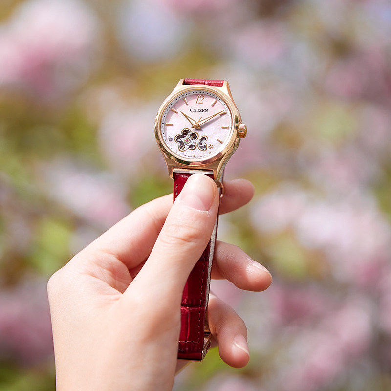 Citizen Official Flagship Store Sakura Limited Edition Hollow Mother-Of-Pearl Calfskin Mechanical Watch for Women Pc1017