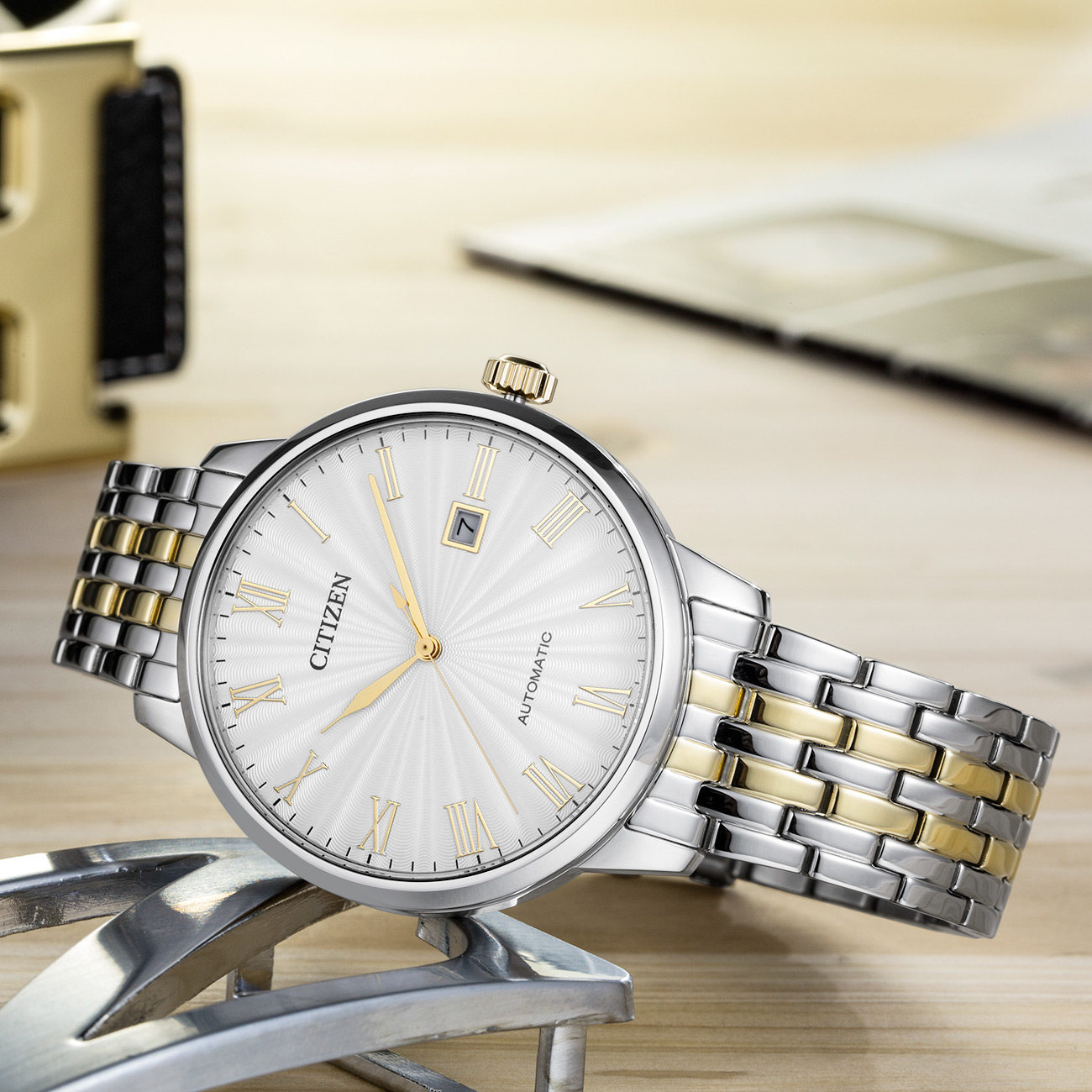 Citizen official store Mechanical Retro Roman Numeral Gold-Tone Steel Strap Men's Watch Nj0084