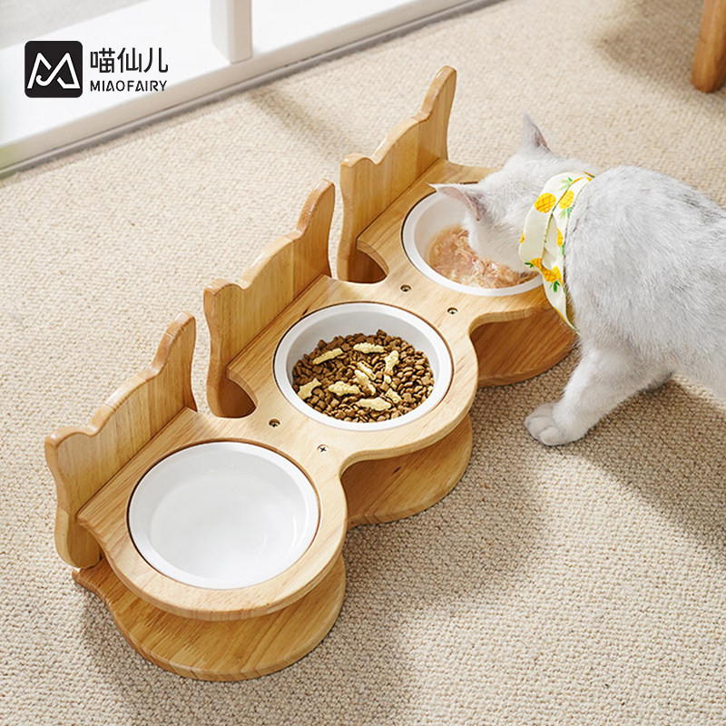Cat bowls ceramic protection cervical spine double bowl drinking water inclined opening stainless steel three bowls anti-overturning multi-cat food triples