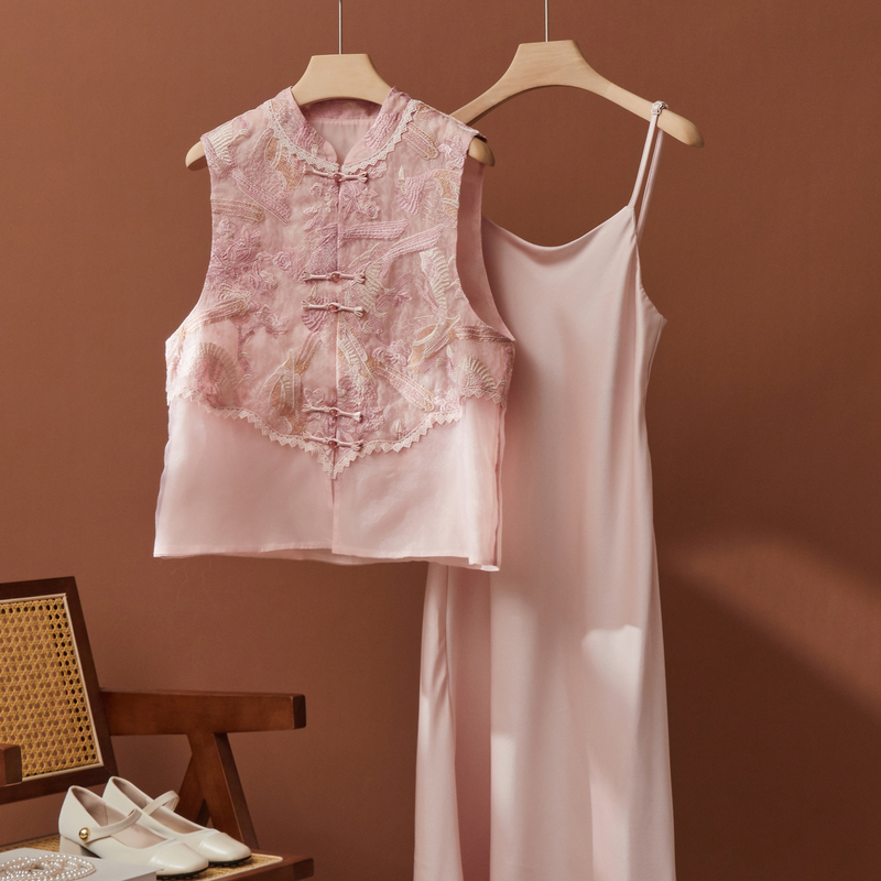 New Chinese-Style National Embroidery Lace Patchwork Vest with Drapey Camisole Long Skirt Summer Slimming Commuter Elegant Set
