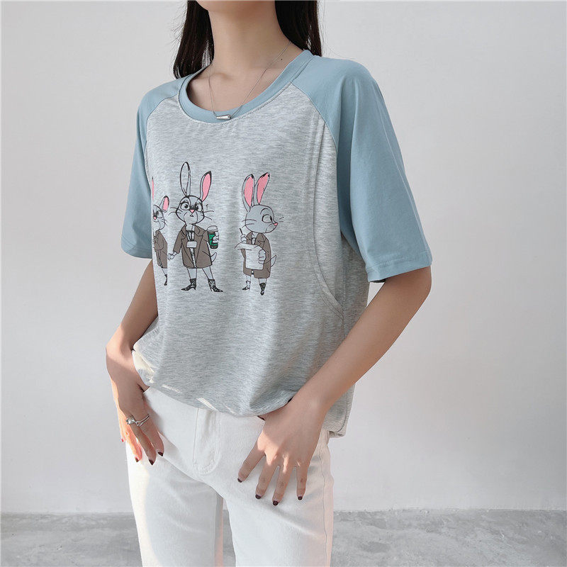 Round neck cartoon printed one-piece short-sleeved pullover loose left and right side opening breastfeeding t-shirt 9224Pyl529