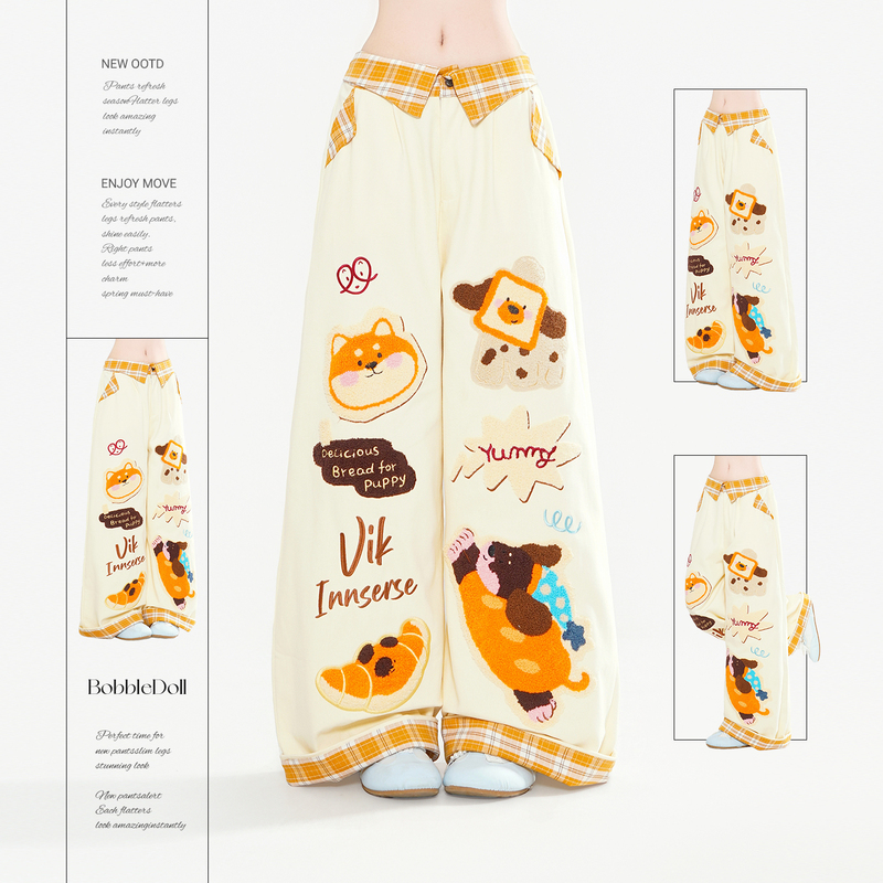Bubbledoll American Retro Cartoon Cat Embroidered Plaid Jeans Women's Summer Straight-Leg Versatile Casual Pants Bubbledoll American Retro Cartoon Cat Embroidered Plaid Jeans Women's Summer Straight-Leg Versatile Casual Pants