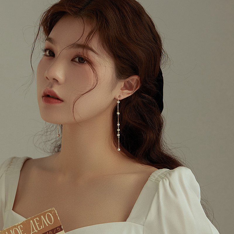 Natural freshwater small pearl American 14K gold long version of the ear chain wild super fairy face thin ear clip simple fashion