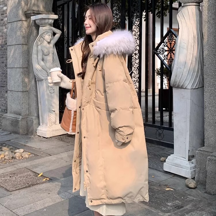 Rouje Moaks90 White Duck down Jacket for Women, Mid-Length, Loose Fit, Over-The-Knee, Winter Thickened Coat with Horn Buttons