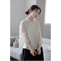 Summer silk shirt for women 100% silk satin white thin artistic stand collar Chinese style Tang suit top tea suit