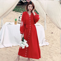 Loose cover meat thin button red beach jacket Shirt Holiday sunscreen Long sleeve cardigan beach dress