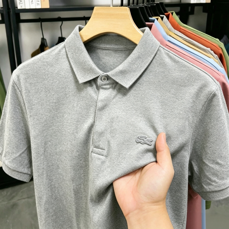 Outlet Clearance Men's Polo Shirt with Hidden Buttons, Paris Style Short-Sleeve T-Shirt, Pique Cotton 5522