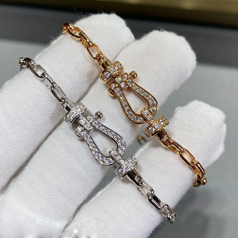 Bracelet with Nautical Horseshoe Clasp, Figure-Eight Clasp, Full Diamond 18K White Gold Rose Gold Thick U-Chain, Large and Medium Size for Couples