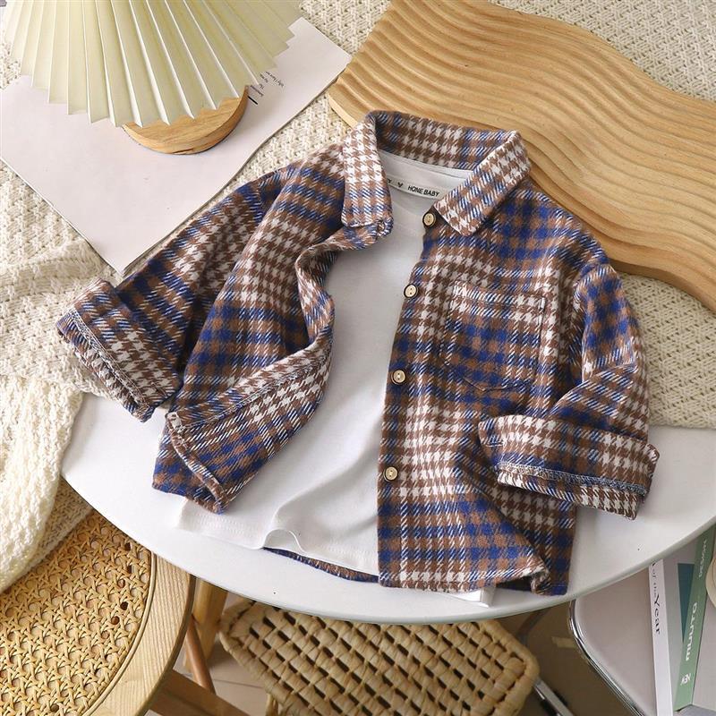 Children's Retro Color-Blocked Cardigan New Style Lapel Top Jacket Girls Boys Shirt Long-Sleeved Autumn Plaid Shirt