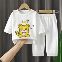 2024 childrens summer air-conditioned clothes three-quarter sleeve home clothes for boys and girls baby summer thin breathable pajamas set