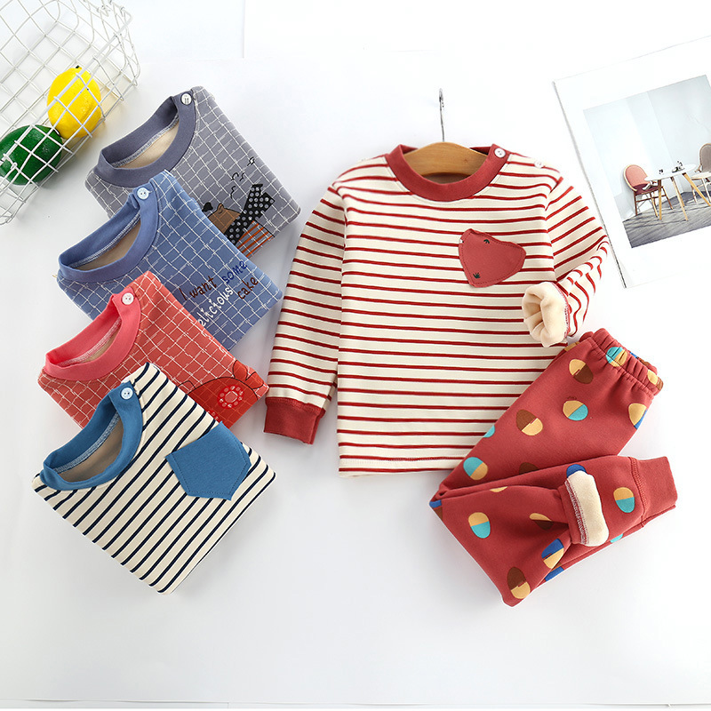 Autumn and Winter Children's cotton retro really super soft plus velvet fever pants baby plus velvet padded cartoon set