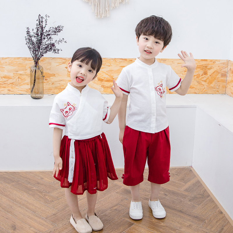 Children's Hanfu Suit Summer Kindergarten Suit Girls' Short Sleeve Tang Suit Male Baby National Style Performance Uniform School Uniform