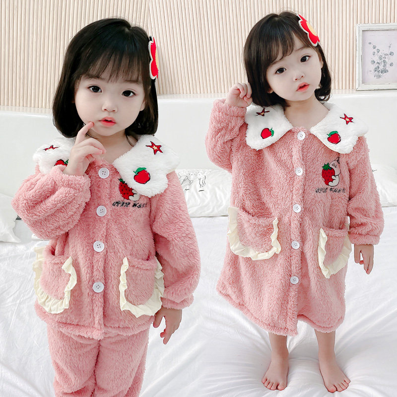 Flannel Girl Sleepwear Autumn Winter Style Thickened Baby Super Cute Princess Home Conserved Sleeping Gown Child Coral Suede Suit