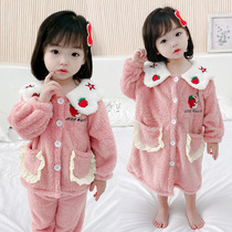 Flannel Girl Sleepwear Autumn Winter Style Thickened Baby Super Cute Princess Home Conserved Sleeping Gown Child Coral Suede Suit