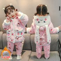 Girls pyjamas winter thickened childrens home clothes suit Childrens baby girl Three layers clip cotton gushed warm cotton clothes