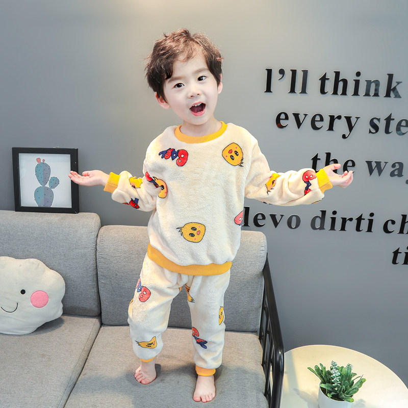 Children's autumn and winter sleeping suit pants set boy flannel child 1-year-old female baby coral suede girl winter home clothes