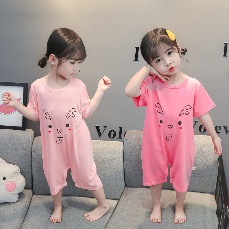 Girl Modale Lianlian Pyjamas Summer Thin baby Pure cotton short sleeves Climbing Clothes Children's Baby Protective Bellies Home
