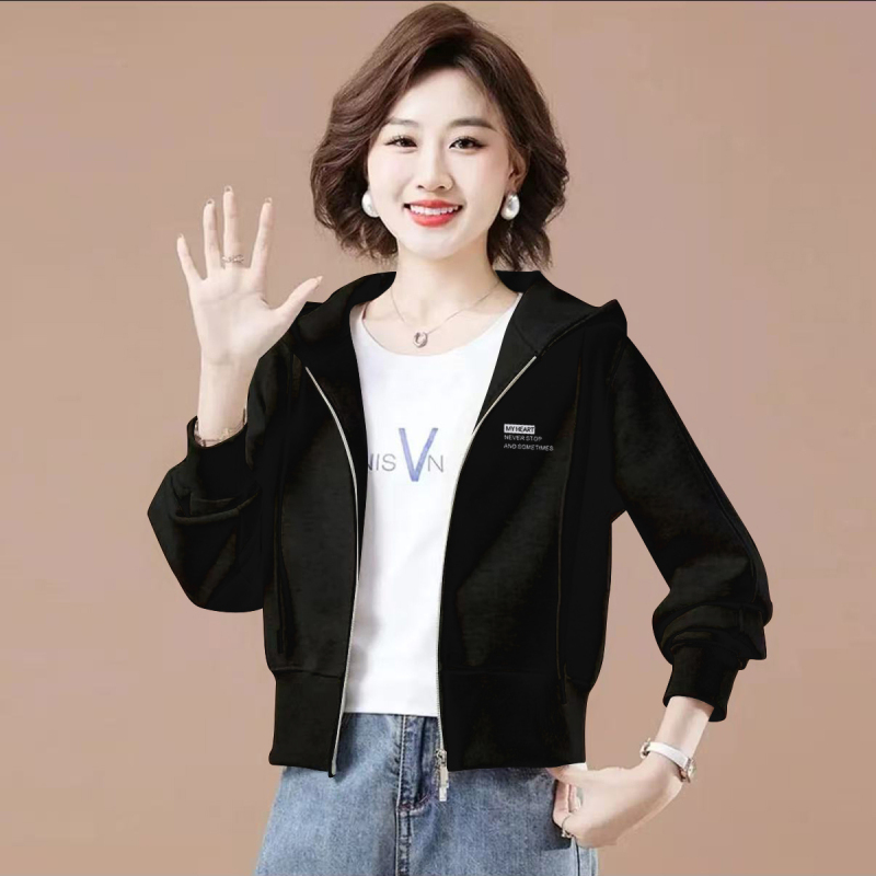 Black Hooded Sweatshirt for Women, Autumn and Winter Korean Style Loose Zipper Cardigan Jacket with a Sense of Design, Fleece-Lined and Thickened Top