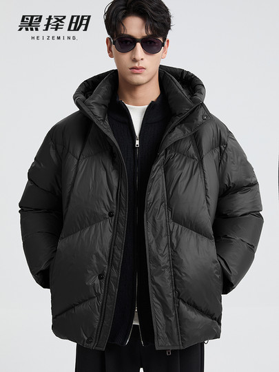 Black Zeming's new winter men's short hooded down jacket with trendy design for commuting, windproof, warm and thickened jacket