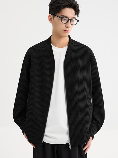 Black Zeming men's high-end corduroy robe collar jacket 2025 autumn new Korean style commuting loose jacket