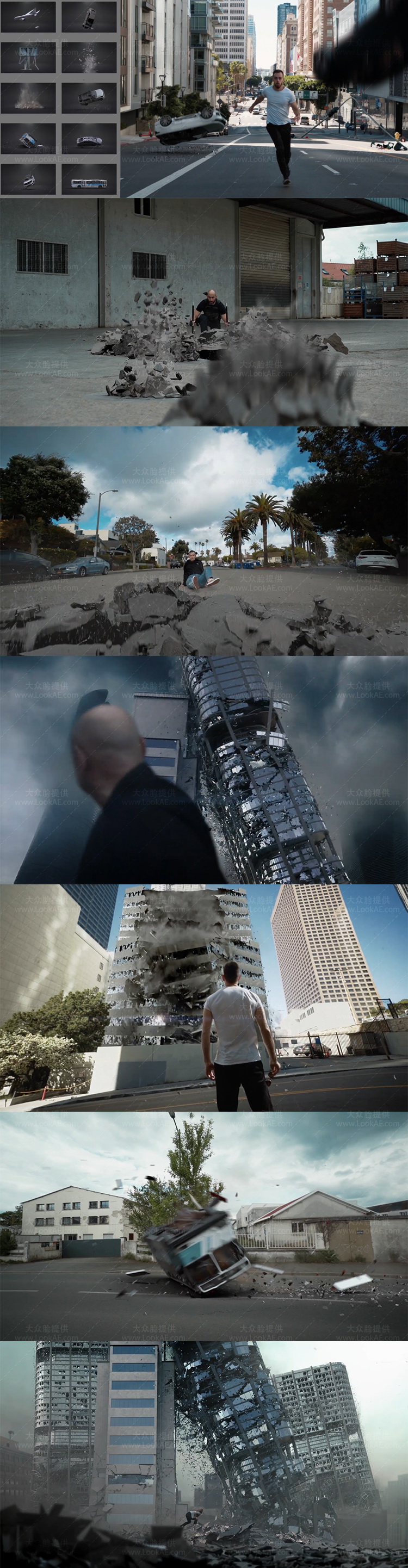 123组楼房倒塌墙地面破碎汽车公共设施破碎特效合成4K视频素材+透明通道