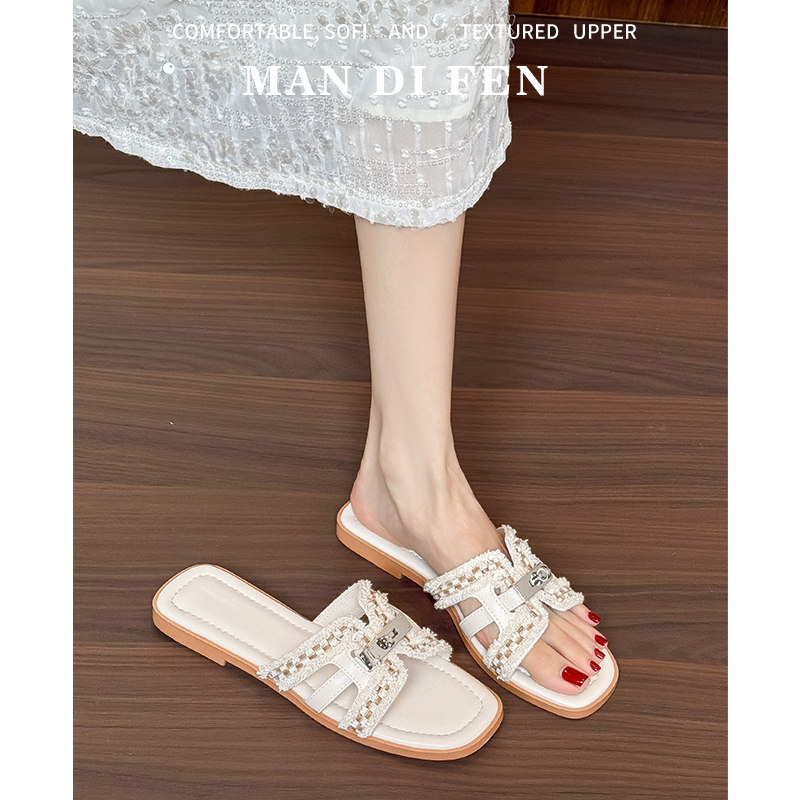 French-Style Chanel-Inspired Woven Slip-On Sandals for Women, Summer Outdoor Flat Open-Toe Slippers, Convenient Non-Slip Cool Slippers