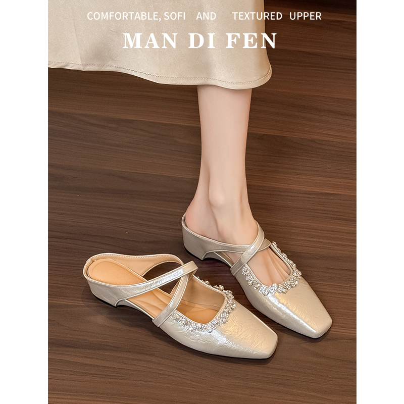 Rhinestone Square-Toe Slip-On Mules for Women, Summer Wedge Heels, Slip-On Lazy Mules, Height-Increasing Women's Shoes, Summer Commuting Slip-On Shoes