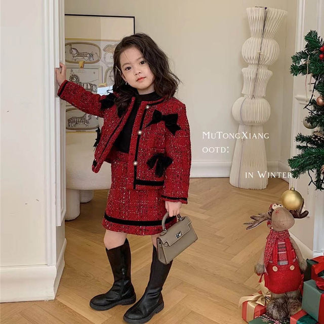 Spring and Autumn Girls Red Small Fragrant Wind Suit Skirt Foreign Style Wool Coat Baby Thickened Fashionable New Year Two-piece Set Winter