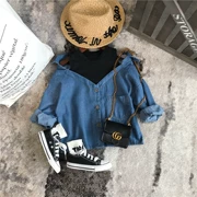 Trẻ em vừa và nhỏ mùa xuân và mùa thu mới áo sơ mi dài tay nhỏ bé gái sơ mi denim áo khoác giả hai bé nữ thủy triều - Áo sơ mi