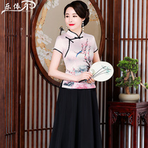 Summer short sleeve cheongsam top short silk Womens Tang suit two-piece New Chinese retro mother suit