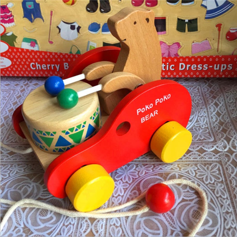 Baby kids wooden toddler pull rope pull toy car bear drum baby tow toy