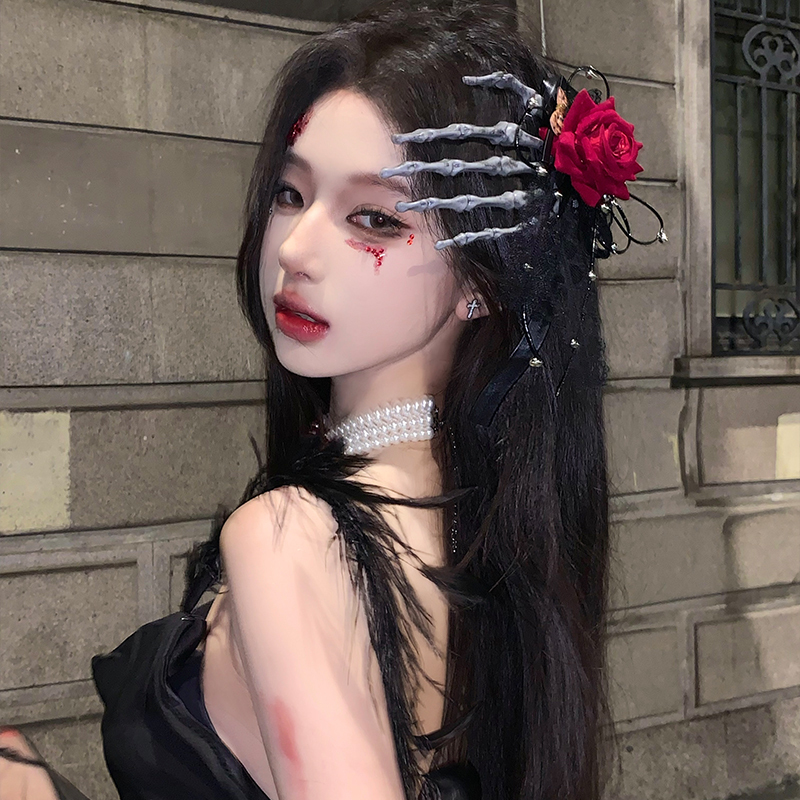 Lolita Headwear Cosplay Dark Gothic Burgundy Rose Skull Finger Hairpin Halloween Hair Accessory Prop Costume