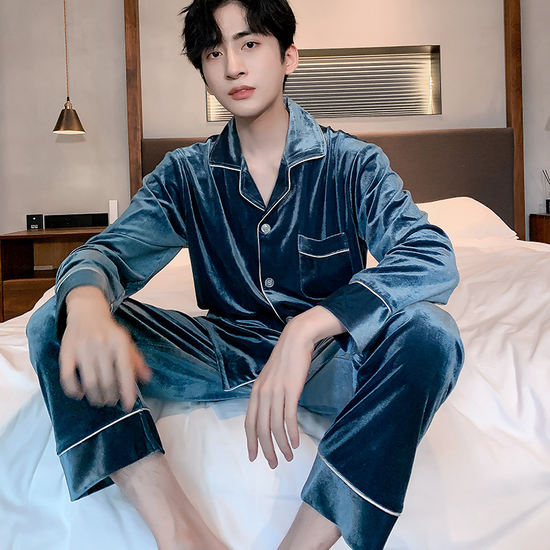 Golden Velvet Pyjamas Men's Autumn Winter Long Sleeve Cardiovert Korean version Large size Size Casual Loose Middle-aged Student Warm Family Clothing