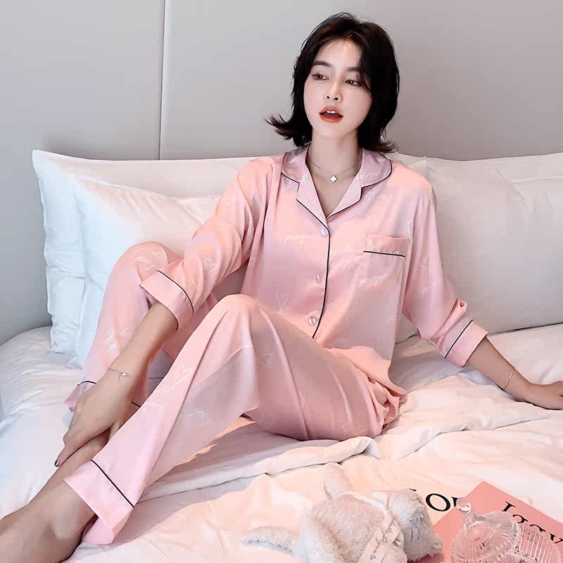 Long sleeve lady spring and autumn Korean ice silk thin printing texture large size summer slim home clothes