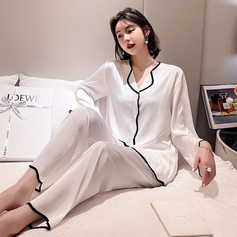 Ice Silk Pyjamas Lady Summer Long Sleeves Pure color thin Silk Temperament Spring Autumn Fashion New Jersey Home Clothing