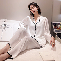 Ice Silk Pyjamas Lady Summer Long Sleeves Pure color thin Silk Temperament Spring Autumn Fashion New Jersey Home Clothing