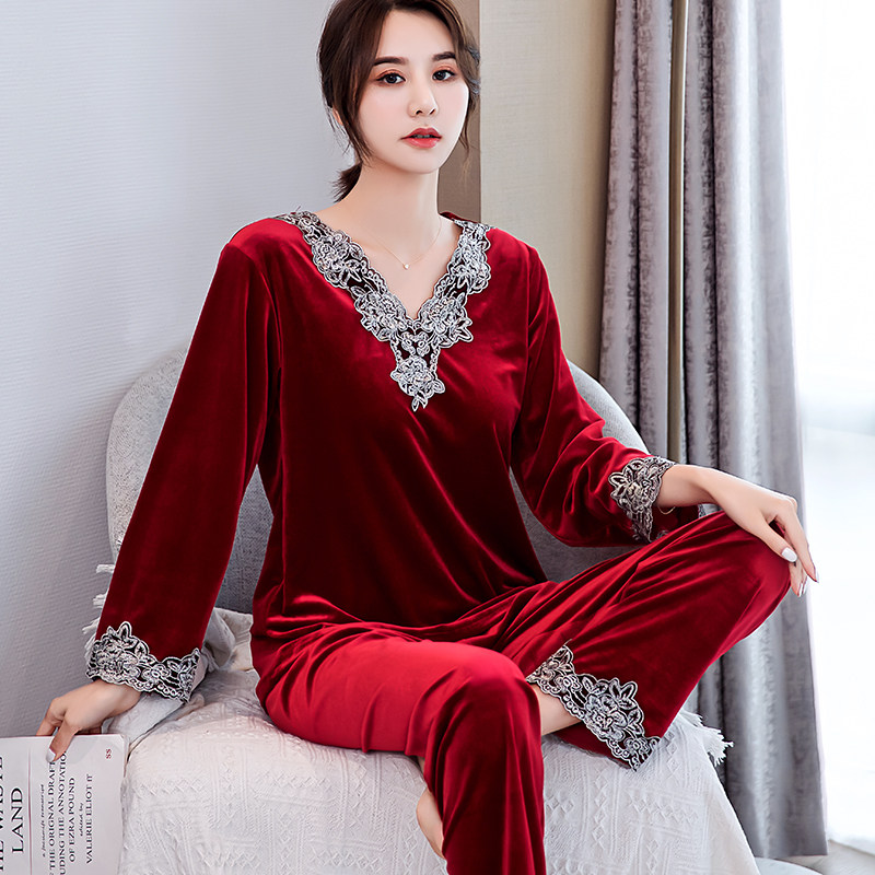 Pajamas wine red lace long sleeve suit loose and sexy V autumn winter warm home clothes spring
