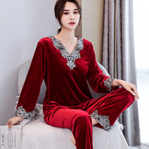Pajamas women burgundy lace long sleeve suit loose size sexy V-neck autumn and winter warm home clothing spring style