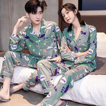 Summer couples pajamas cotton silk thin Korean version of large size cartoon printed home clothing spring and autumn men's suit