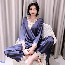 Silk pajamas ladies autumn and winter long sleeve pullover deep V sexy suit Korean version loose thin texture home clothes