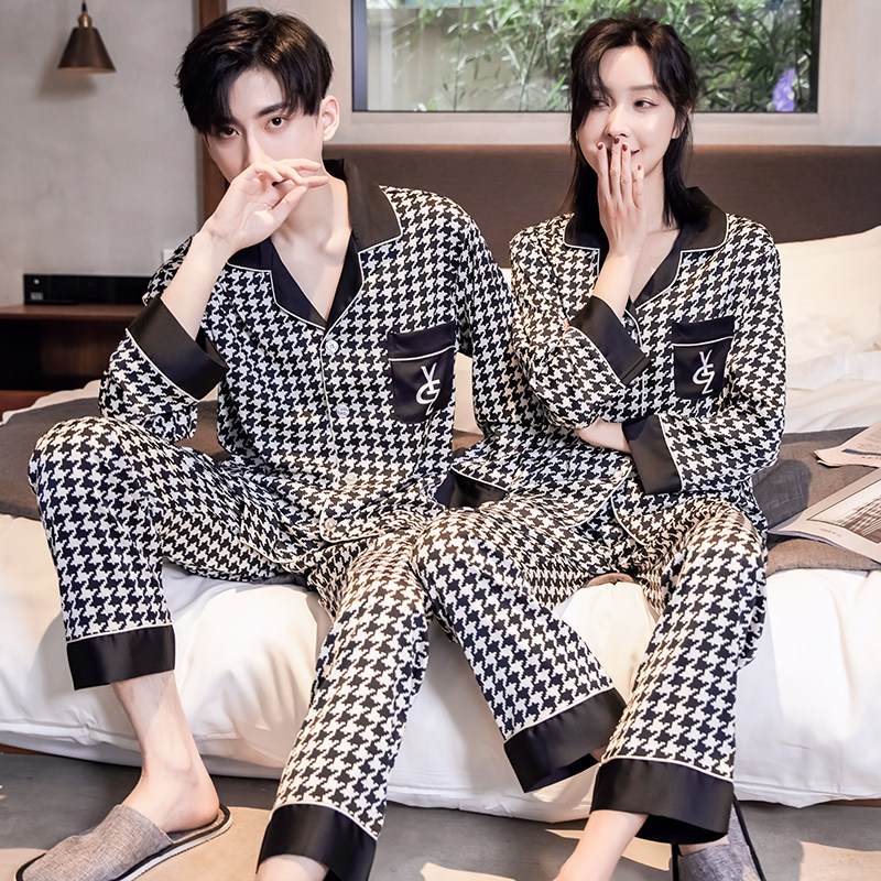 Couple sleepwear long sleeves Ice Silk Thousand Birds Gge Printed Summer Thin satin Snow Textile Men's Home Clothing Women Spring Autumn
