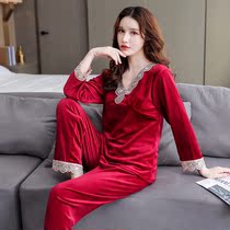 New sleepwear lady long sleeve autumn winter island velvet lace suit double face velvety warm sweet and lovely home clothes