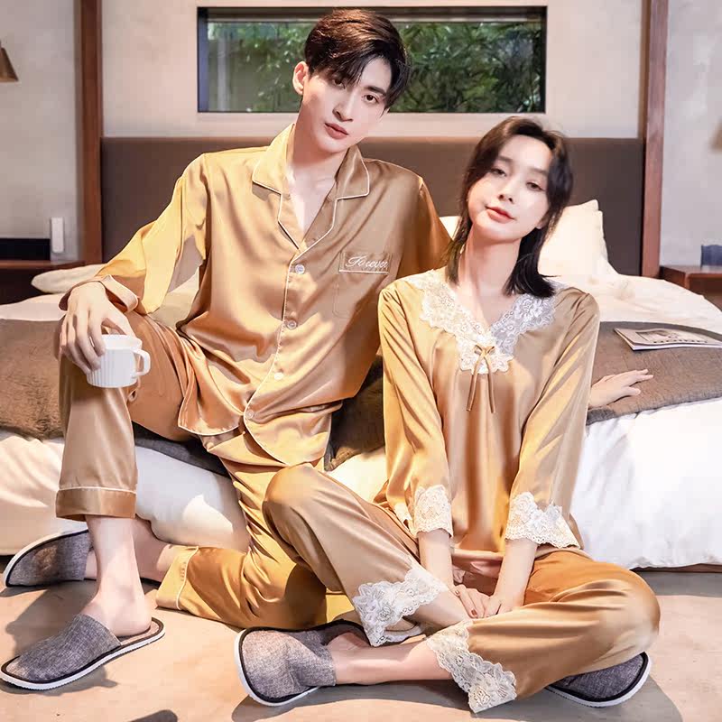 Spring Autumn Season Pyjamas Lovers Long Sleeve Satin Noodles Snow Spinning Thin silk Large size Korean version Loose Pure Color Home for Men Summer