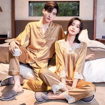 Spring and autumn pajamas couples long sleeve satin chiffon thin silk size Korean version of loose solid color home clothing men's summer