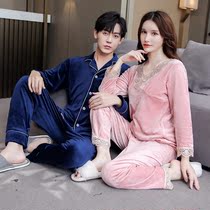 Autumn-winter pyjamas lovers long sleeves island velvet double face suede suit casual cardiovert mens head lace womens home clothes