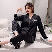 Long sleeve cardiovert sleepwear woman Summer ice silk cute loose Korean version Home Home Clothing Flowers Side slim suit Spring and autumn