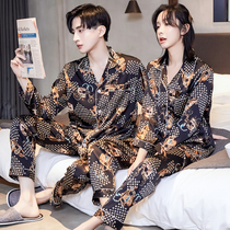 Pajamas Couple Long Sleeve Korean Printing Net Red Black Gold Ice Silk Home Clothing Women's Thin Satin Suit Men's Spring and Autumn