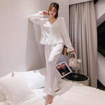 Net red white pajamas female court style lace long sleeve thin ice silk loose size slim home clothing spring