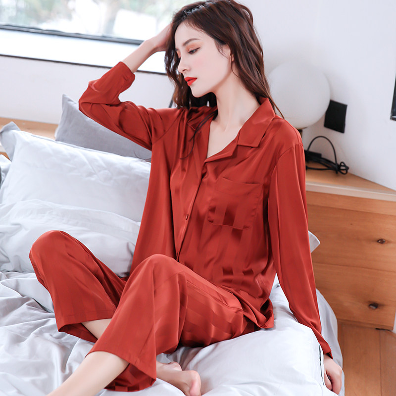 Long Sleeves Pyjamas Ladies Silk Thin summer Conspicuge Stripes Loose large size Pure Color Casual Home Spring And Autumn